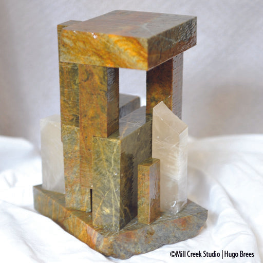 Contemporary Oriental shrine sculpture of Brazilian Soapstone and Italian Alabaster.