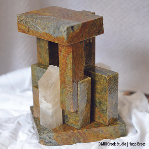 Contemporary Oriental shrine sculpture of Brazilian Soapstone and Italian Alabaster.